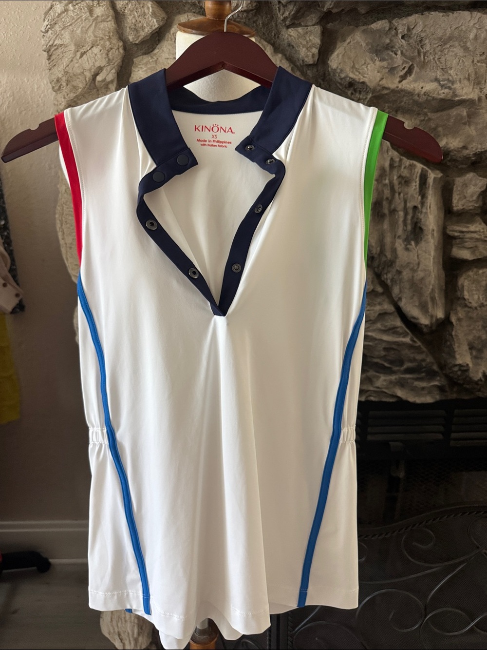 Kinona White Sleeveless Polo with Navy Trim and Bright Accent Stripes